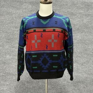 VINTAGE Christopher Hayes Sweater Mens Medium Blue Red Italy Southwestern 90s